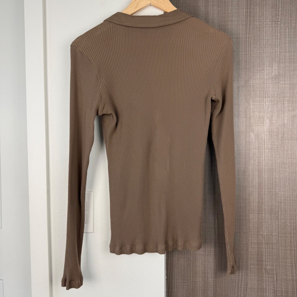 James‎ Perse Sable Brown Ribbed Polo Long Sleeve Top Split Neck Large - Picture 9 of 13